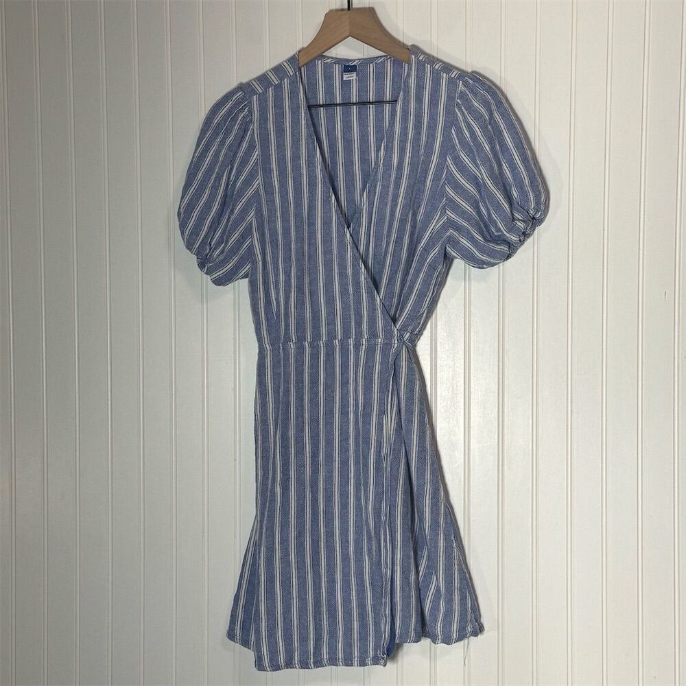 Old Navy Linen Blend Wrap Dress‎ Blue White Stripe Puff Sleeve Size Large Lined